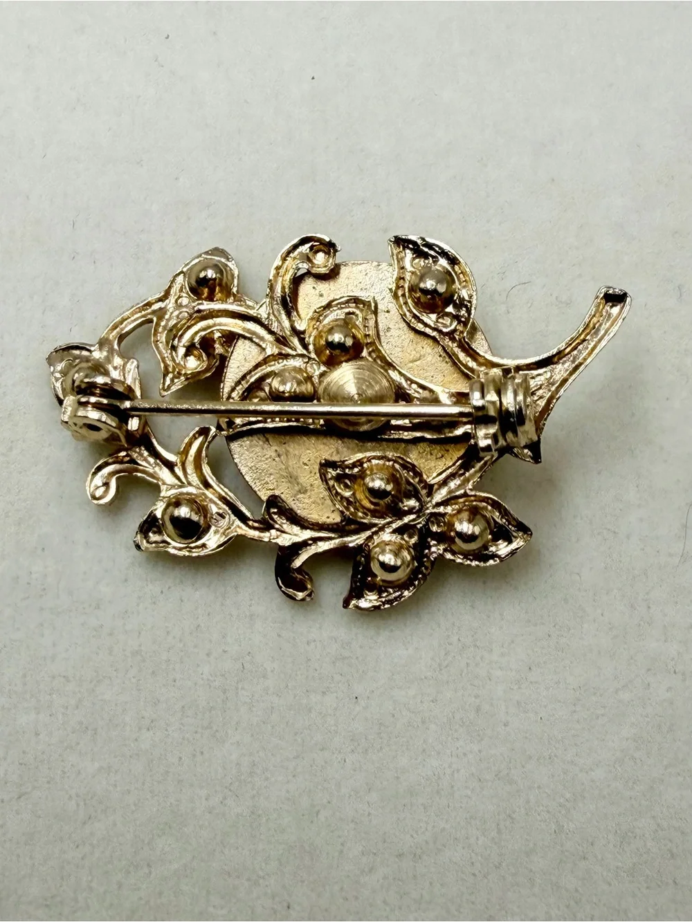 Vintage Yellow Floral Rose Cabochon Brooch Pin with Clear Rhinestones
